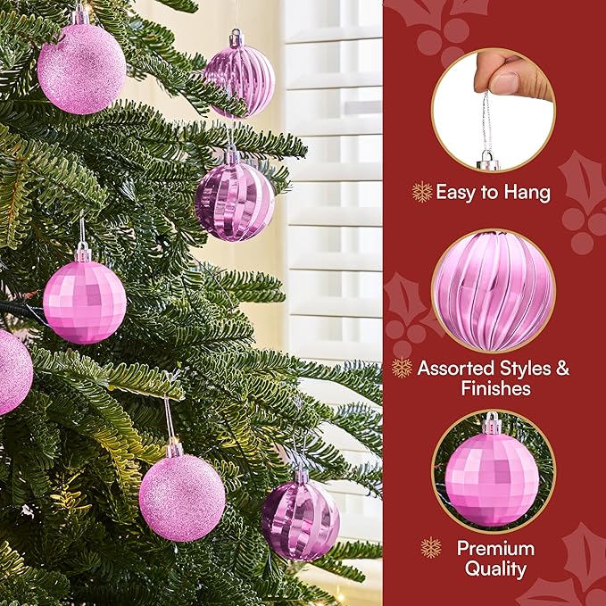 JOIEDOMI 24 Pcs Pink Christmas Balls Ornaments Set, 2.36" Christmas Tree Ornaments Shatterproof, Xmas Balls Hanging Decorations for Tree Wreath Garland Holiday Wedding Indoor Party Decor