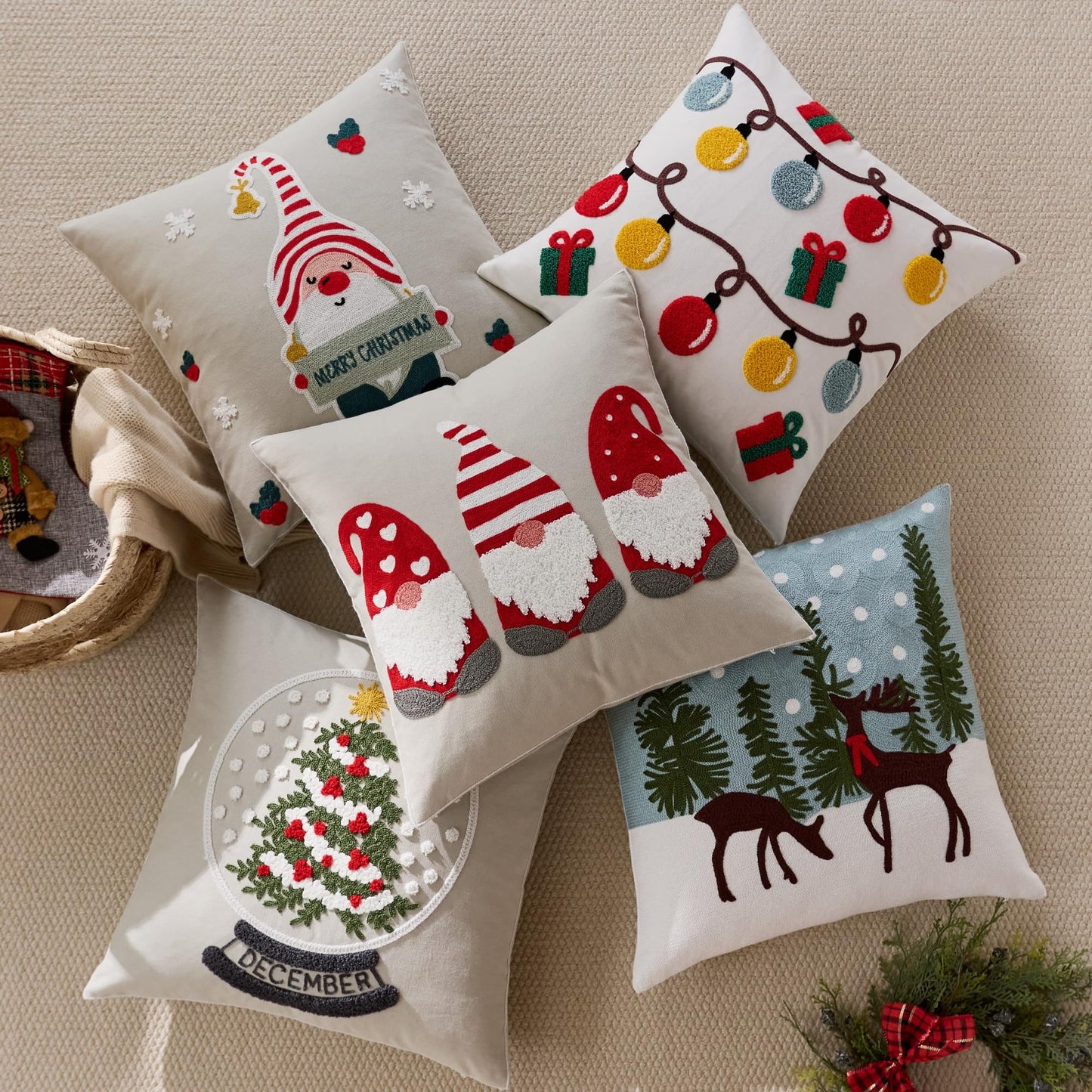 Farmhouse Christmas Pillow Covers 18x18 Set of 2, Xmas Embroidered Throw Cushion Cases with Festive Patterns for Rustic Home Holiday Decor (Gnome Trio Light Grey, 18" x 18" (Pack of 2))