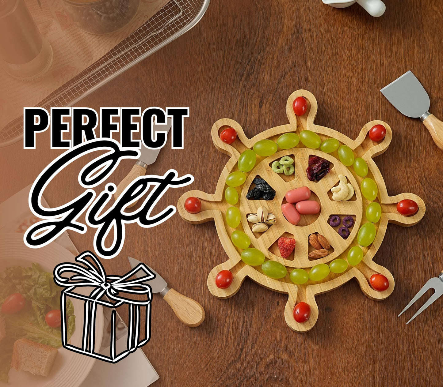 Boating Charcuterie Board, Boat Owner Gifts for Men/Women, 11.81 * 11.81 * 0.78 inches Cheeses Charcuterie Wood Cutting/Serving Board Set with 4 Matching Spreaders for Thanksgiving Christmas