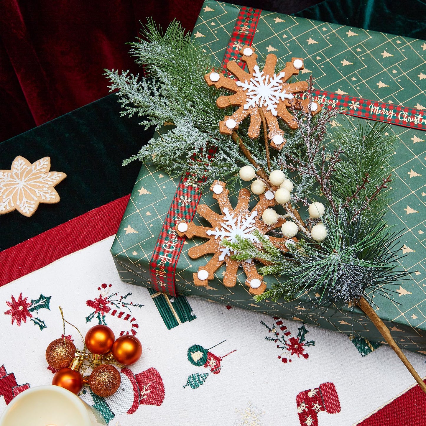 TEMPUS 6 Pcs Christmas Tree Ornaments 26 Inch Pine Needle Branches with Felt Reindeer Snowflakes Christmas Table Centerpiece Winter Home Decor DIY Crafts for Vase Filler Wreath Decor