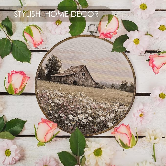 Fewgb Farmhouse Barn Wildflower Round Wall Art Decor Framed, Vintage Country Landscape Canvas Wall Art Prints Picture, Rustic Flower Hanging Room Decor Artwork for Gallery Bedroom Kitchen 10x10