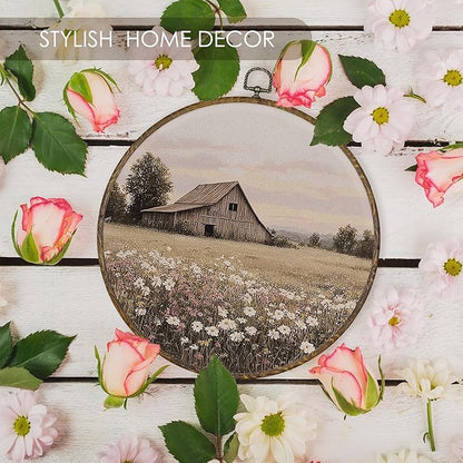 Fewgb Farmhouse Barn Wildflower Round Wall Art Decor Framed, Vintage Country Landscape Canvas Wall Art Prints Picture, Rustic Flower Hanging Room Decor Artwork for Gallery Bedroom Kitchen 10x10