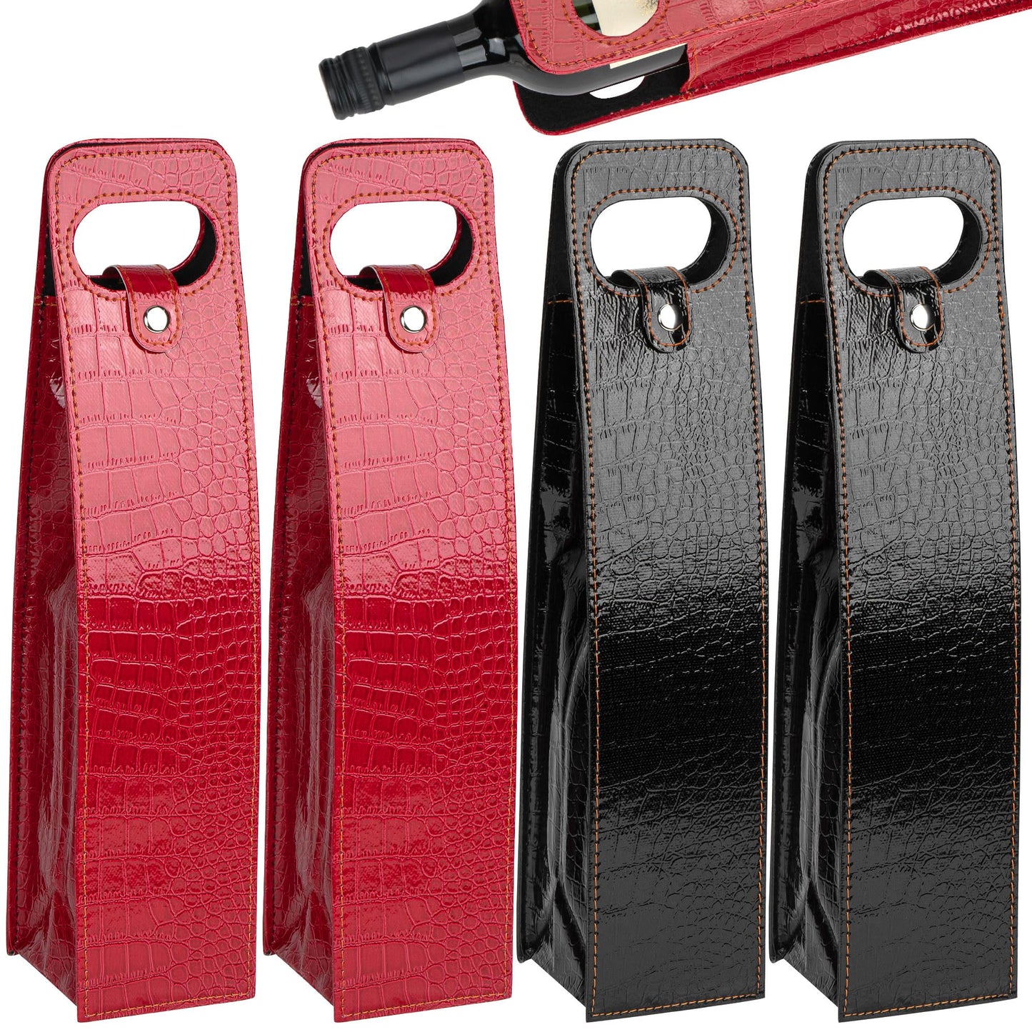 JANKINGS Gift Bags For Wine Bottles, Reusable Leather Wine Tote Carrier, Single Bottle Champagne Gift Bags Carrier for Birthday, Wedding, Party (4Pcs 2 Red+2 Black)