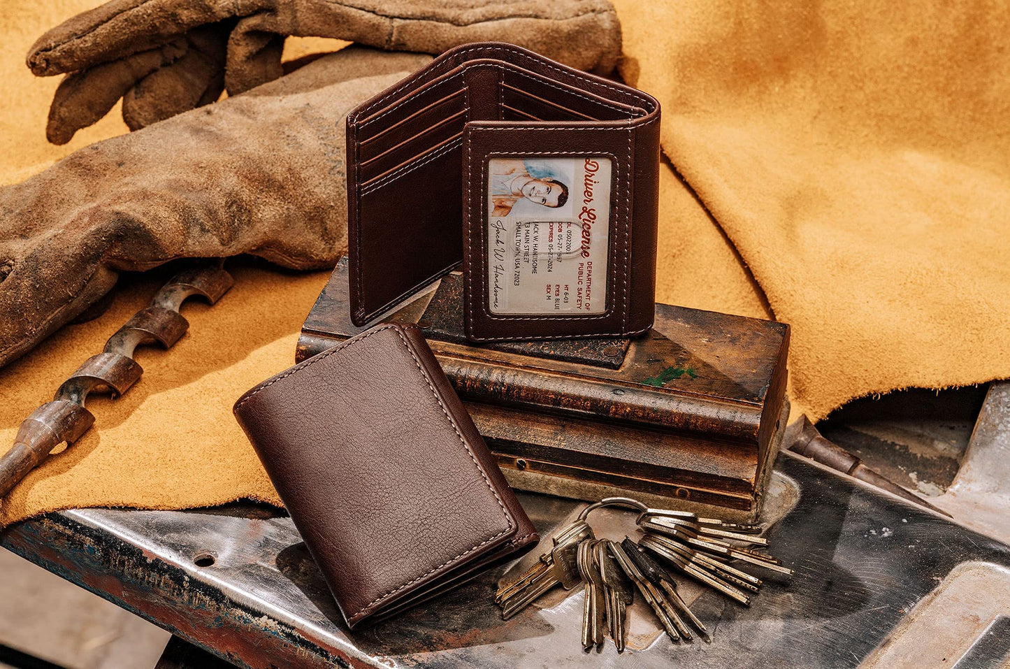 House of Jack Co. Dutton Men’s Leather Trifold Wallet, RFID Blocking Wallet with Flip-Out ID Window, Full Grain Cowhide Wallet, Extra Card Storage, Brown
