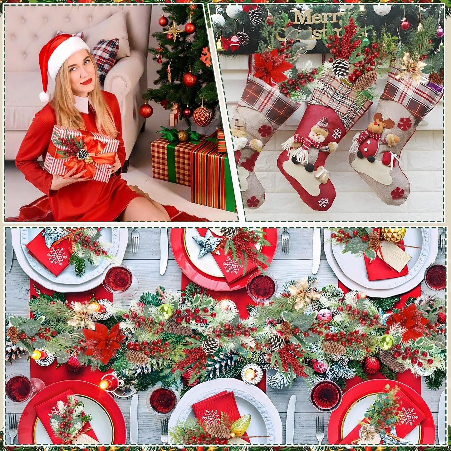HNGWLYN Artificial Christmas Picks 8 Pack Red Berries Stems Evergreen Faux Pine Branches Christmas Picks Spray Pine Cones Holly Leaves for Winter Holiday DIY Craft Garland Wreath Ornament