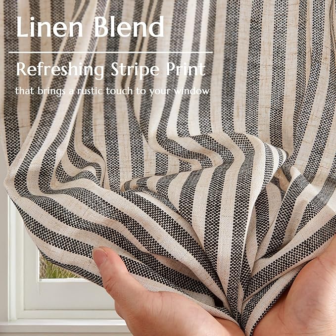 jinchan Striped Linen Kitchen Curtains 36 Inches Length Tier Curtains Farmhouse Modern Cafe Small Window Treatments Airy Light Filtering Rod Pocket for Living Room Bathroom 2 Panels Jet Black