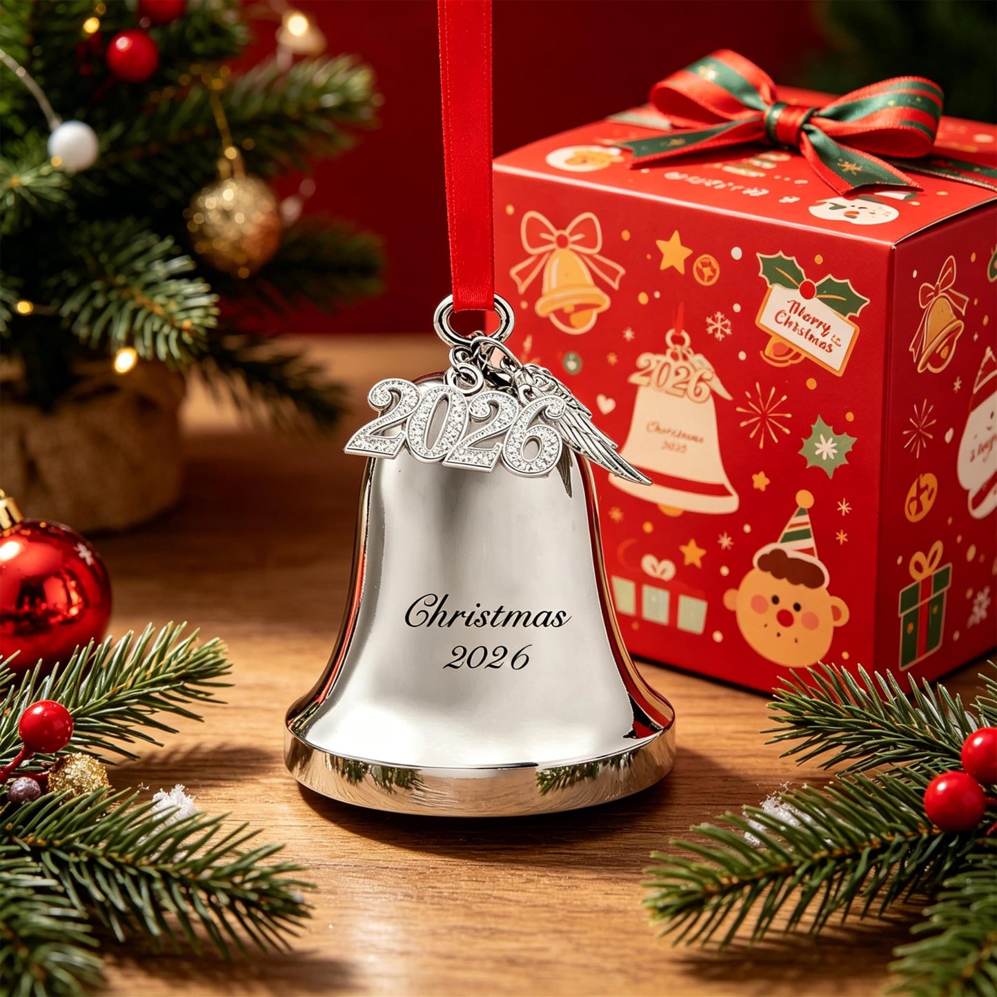 Personalized Silver Christmas Bell Ornament 2026 – Engraved Holiday Bell with Red Ribbon & Angel Wing Charm, Christmas Tree Decoration Gift for Family, Friends, New Home Holiday Keepsake (2026)