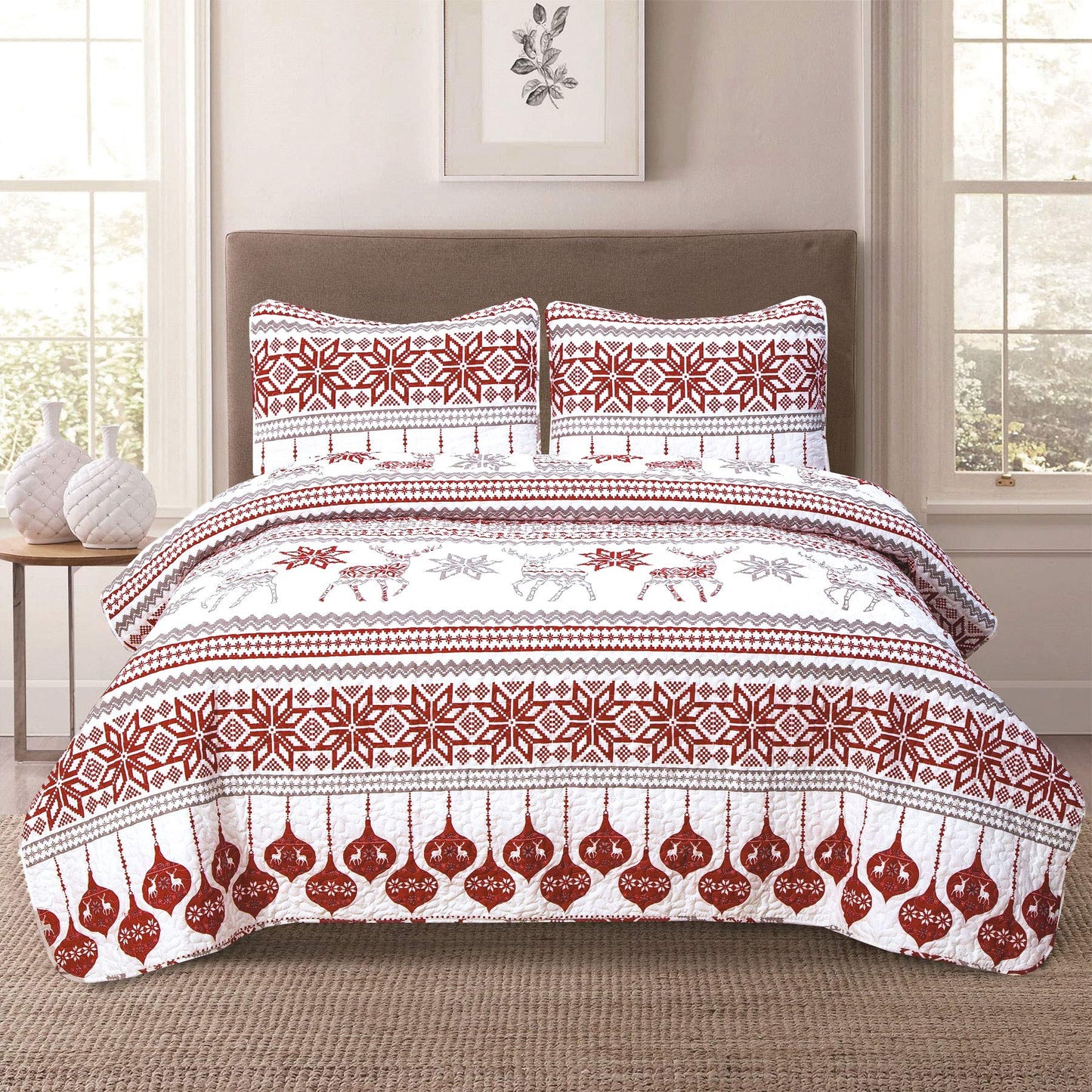 HowPlum Winter Holiday Full/Queen Lightweight Quilt Bedding Set Fair Isle Red Grey White Christmas Ornament Reindeer
