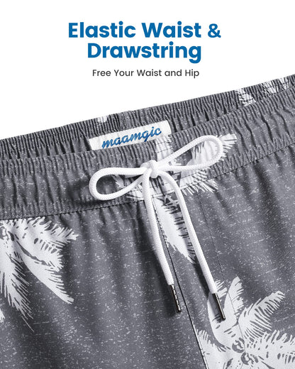 maamgic Mens Swim Trunks with Compression Liner 5 Inch, Quick Dry Bathing Suit with Zipper Pockets, Stretch No-Chafing Swim Shorts, Gray-Palm Tree X-Small