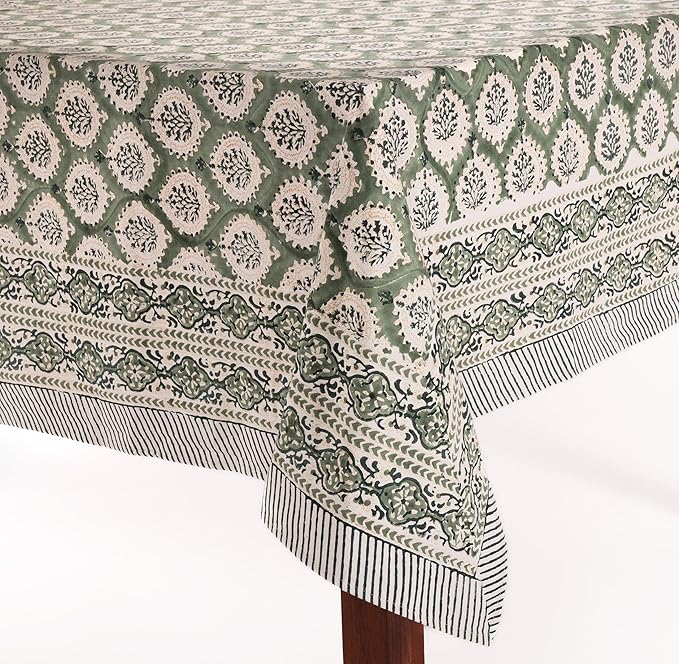 ATOSII Kari Green 100% Cotton Rectangle Boho Summer Tablecloth, Block Print Floral Table Cloth Linen for Dining, Parties, Wedding, Outdoors Home Decor 72 X 140 Inches I 12 Seater I