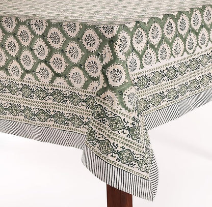 ATOSII Kari Green 100% Cotton Rectangle Boho Fall Tablecloth, Handblock Floral Table Cloth Linen for Kitchen Dining I Parties Wedding Outdoors Christmas Thanksgiving I 72 X 120 Inches I 10 Seater
