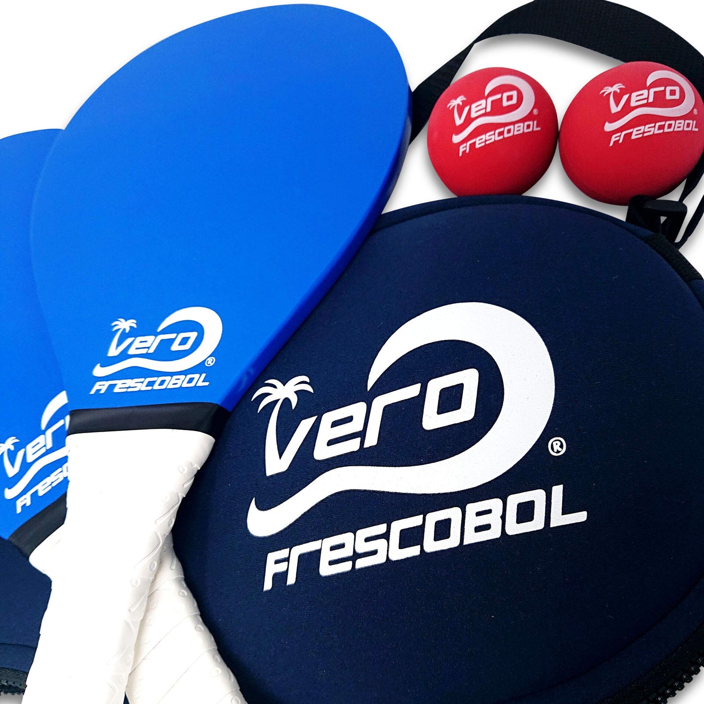 Frescobol Starter Set – 2 Vero Wood Beach Paddles with Premium White Padded Grips, Neoprene Carry Case, 2 Official Red Balls