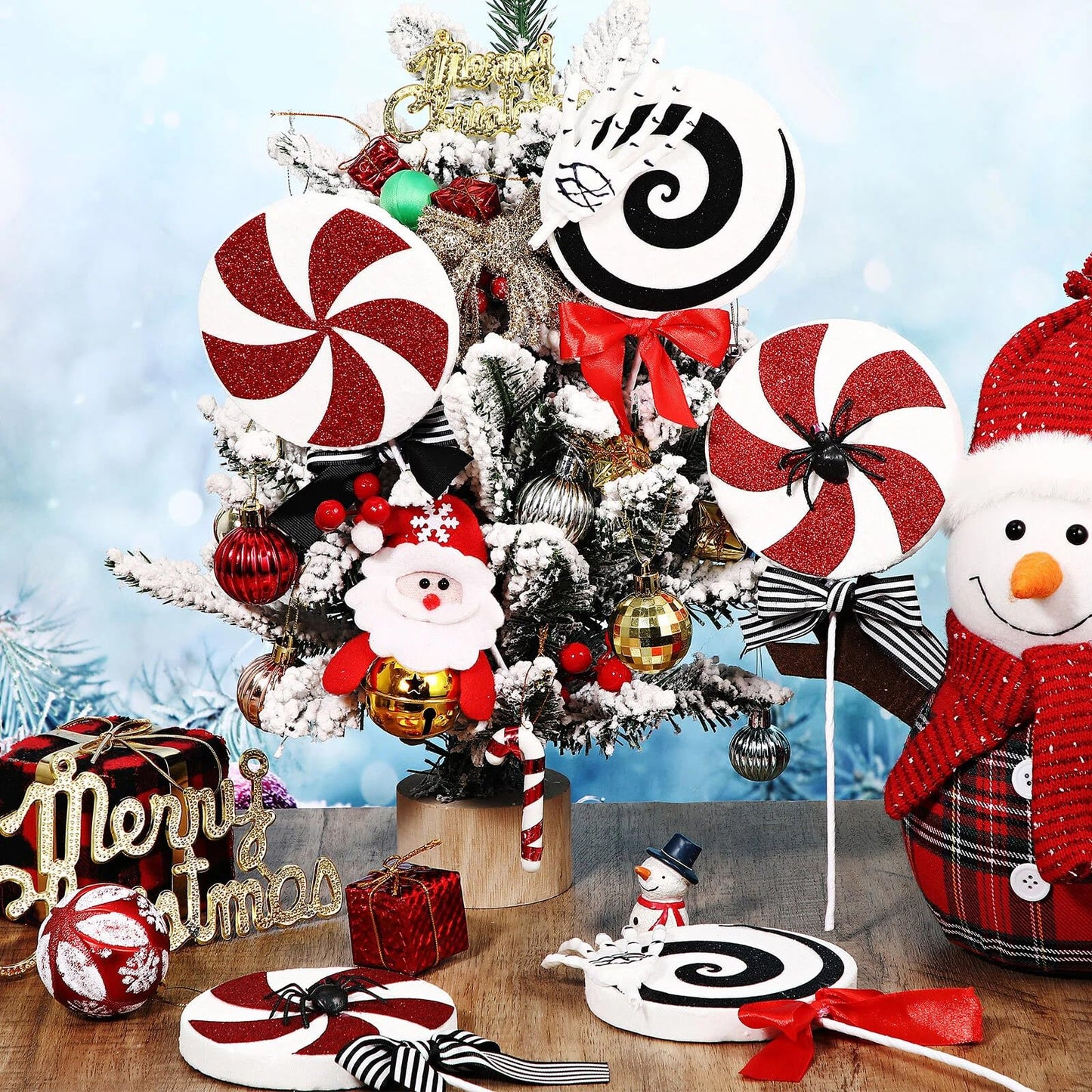 Gejoy 6 Pcs Black White and Red Christmas Ornaments Gothic Christmas Tree Picks Candy Cane Lollipop Double Sided Peppermint Lollipop Ornaments for Xmas Tree Topper Party Supplies Vase Decor