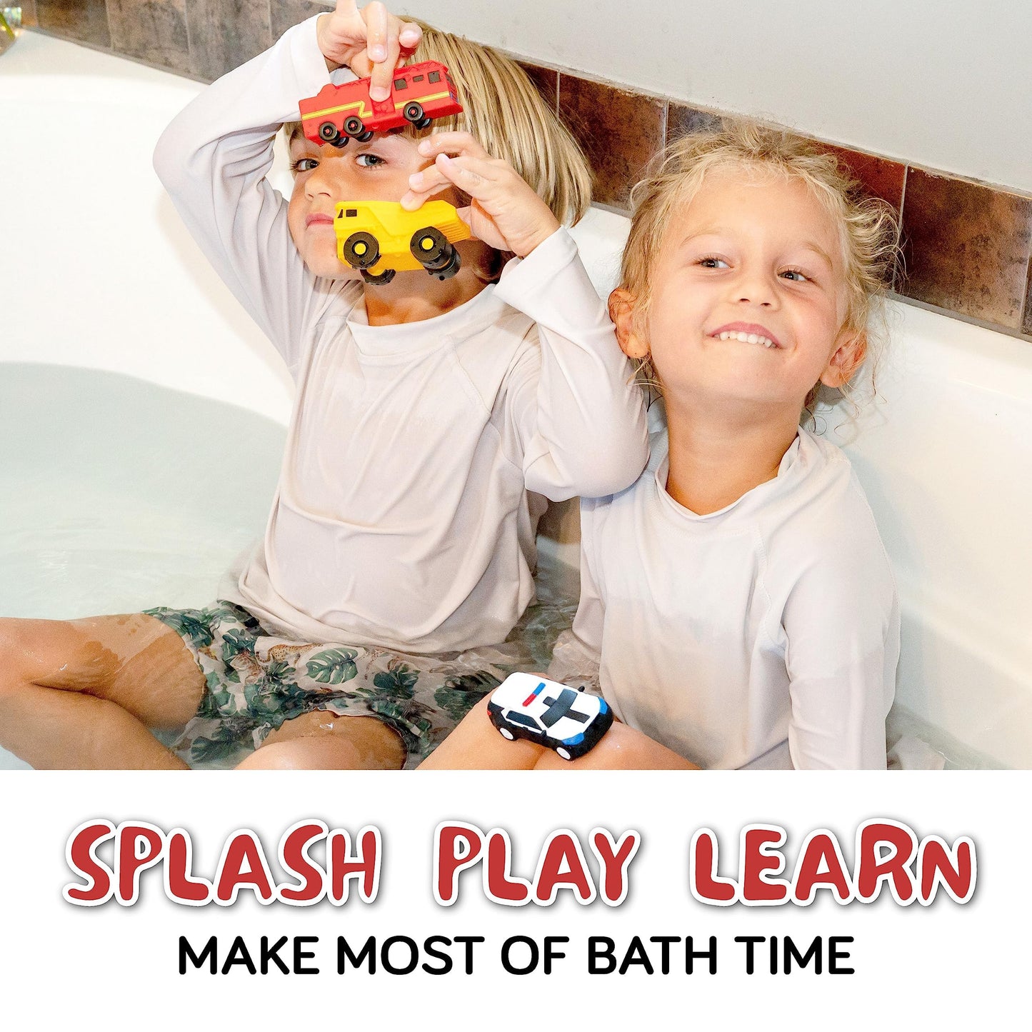 SplashEZ Mold Free Baby Bath Toys, No Hole Bath Toys for Toddlers, Bathtub Cars Set for Kids Ages 1-3, No Mold Floating Water Vehicles Set for Pool, BPA-Free, Safe, Fun, Infant Ages 1 3 6 12 18 Months