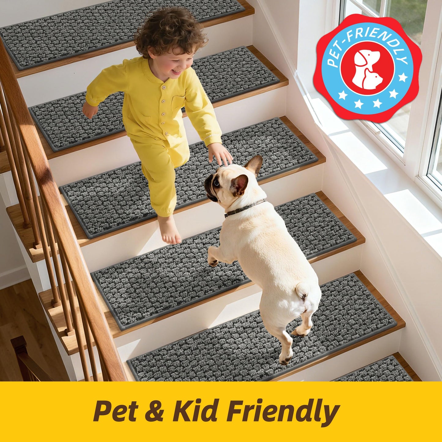 JSEI Stair Treads for Wooden Steps, 4 Pack 9" X 28" Non-Slip Machine Washable Carpet Stair Treads with TPE Backing, Soft Indoor Stair Rug Runner for Kids Elders & Pets, 100% Polyester, Grey