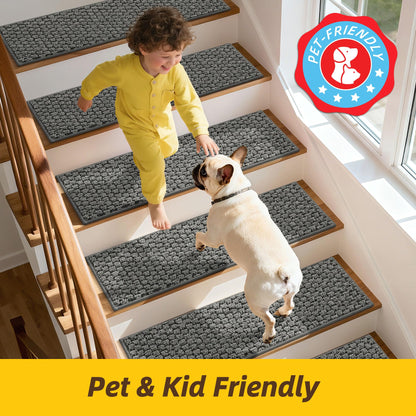 JSEI Stair Treads for Wooden Steps, 4 Pack 9" X 28" Non-Slip Machine Washable Carpet Stair Treads with TPE Backing, Soft Indoor Stair Rug Runner for Kids Elders & Pets, 100% Polyester, Grey