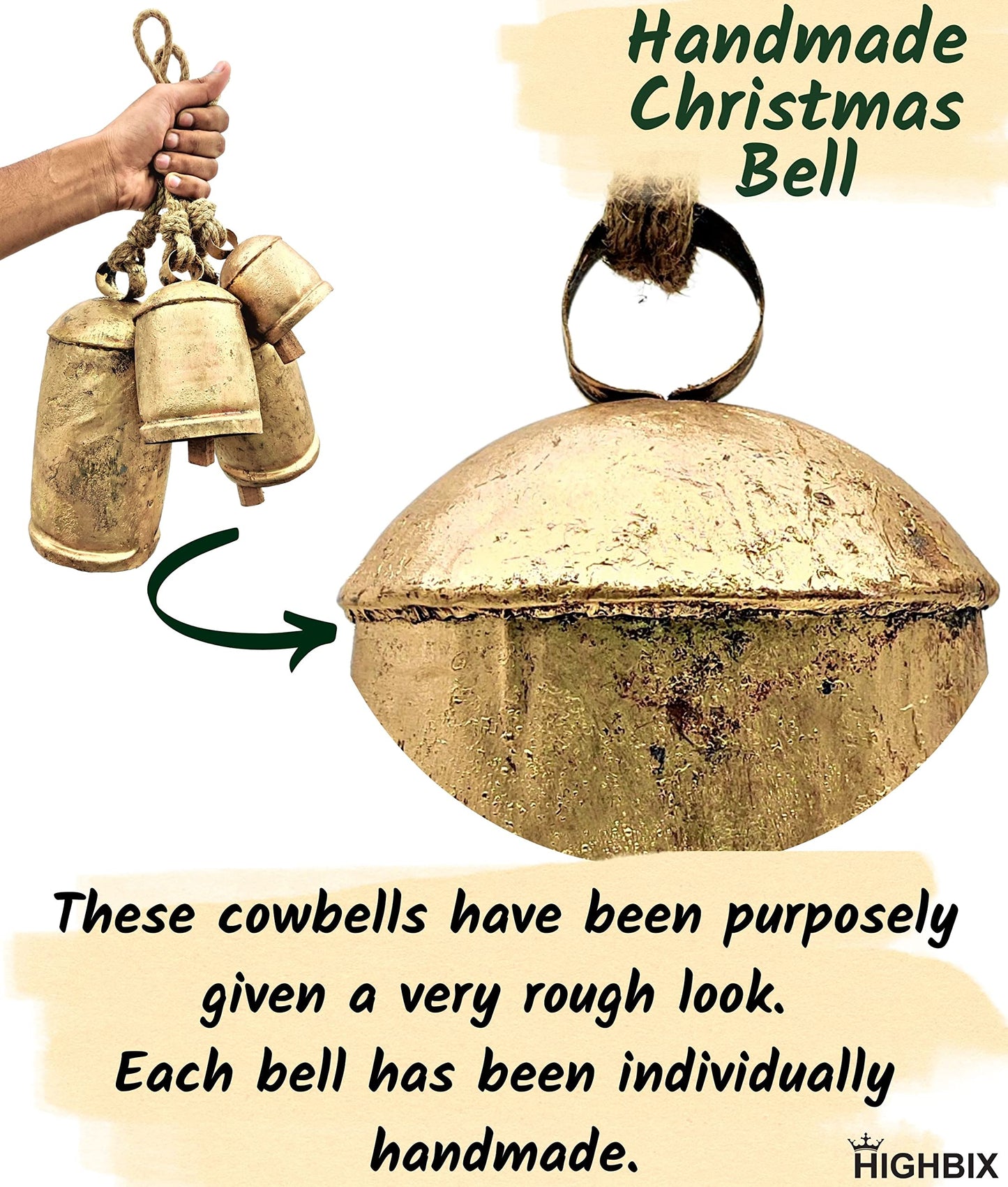 HIGHBIX Set of 3 Giant Harmony Cow Bells Huge Vintage Shabby Chic Handmade Rustic Lucky Christmas Hanging XL Bells On Rope Country Rustic (Extra Large)