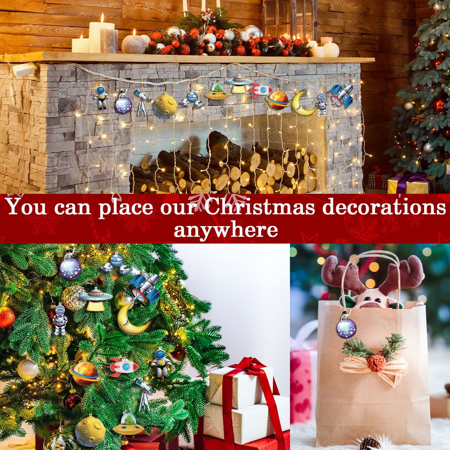 36 Pcs Space Christmas Tree Ornament Wood Christmas Space Gifts Planet Outer Astronaut Ornament Decor Wooden Hanging Xmas Spacecraft Decorations Xmas Holiday Party Supplies for Kids Rocket Ship Decor