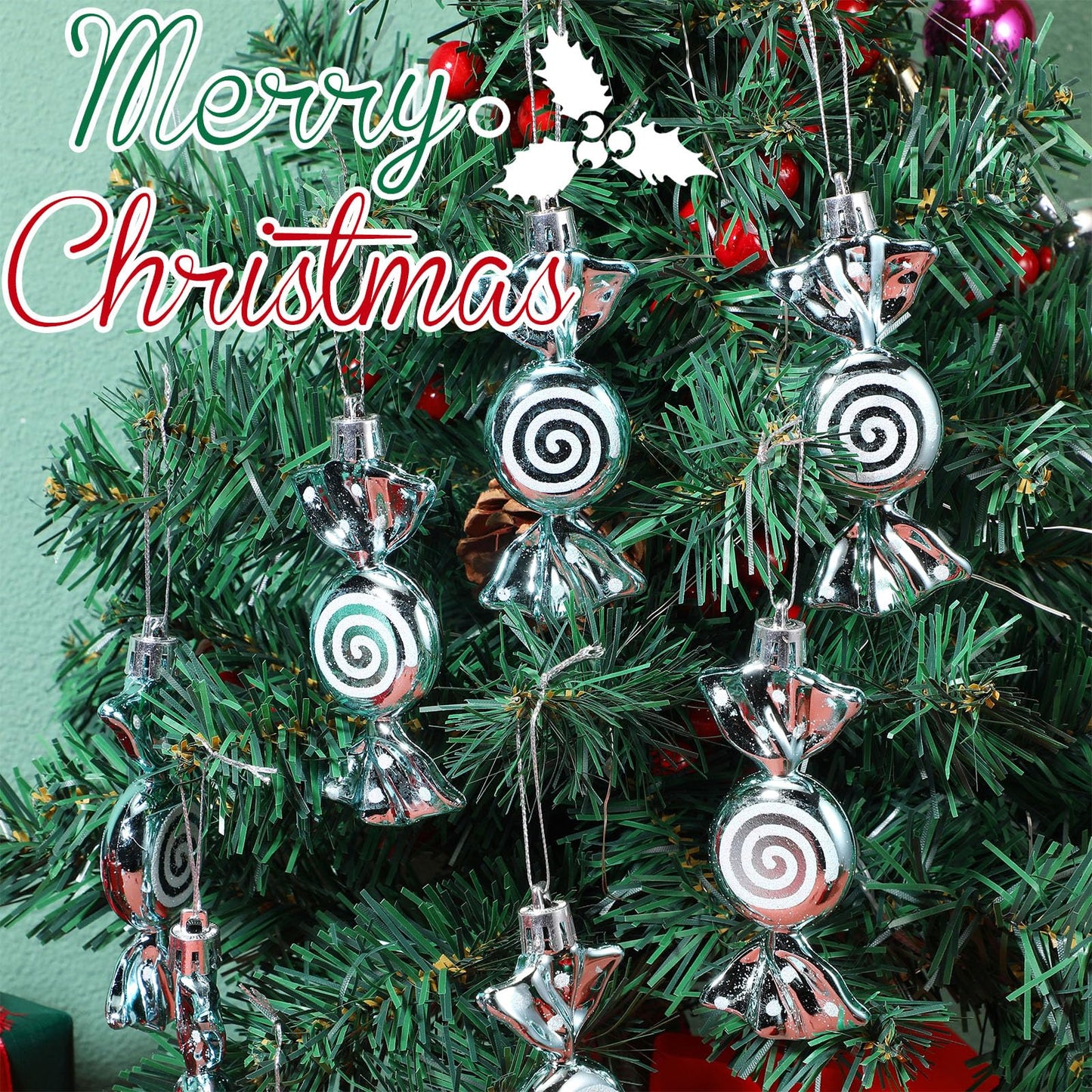 Threan 12 Pcs Christmas Candy Ornaments for Tree Decoration Hanging Glitter Candy Cane Christmas Peppermint Ornament with Golden Rope for Xmas Holiday Decoration(Light Blue,Plastic)