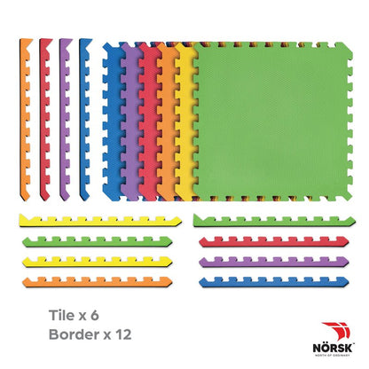 Norsk Dual-Sided Reversible 1/2" Foam Exercise Mats for Home Gym - Interlocking EVA Foam Tiles, 6 Tiles - 24 Sq. Ft. Rainbow Pack/Black