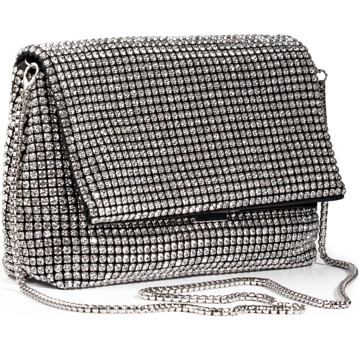 SARA DESIGNS Luxury Crystal Rhinestone Envelope Clutch Bag - Sparkly Silver Evening Purse for Weddings, Galas, and Formal Events - Designer Sparkle Pouch with Detachable Chain