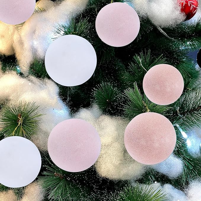 Amooca 3.15in Large Christmas Balls Ornaments Flocking Xmas Tree Hanging Decoration New Year Holiday Party Baubles 6pc Set Pink White