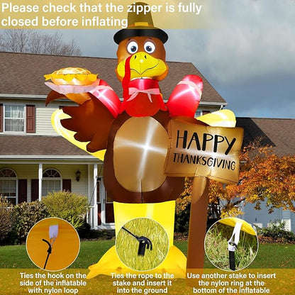 12FT Thanksgiving Inflatables, Super Huge Inflatable Turkey Holding Pumpkin Pie and Happy Thanksgiving Sign, Lighted Blow Up Turkey for Yard Decor Outdoor Lawn Garden Autumn Holiday Harvest