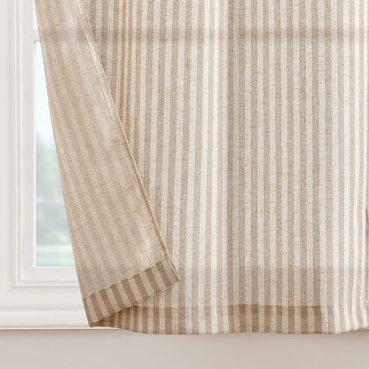 jinchan Tie Top Linen Kitchen Curtains 24 Inch Length Striped Tier Curtains Ticking Stripe Small Drapes for Living Room Bathroom Cafe Small Window Farmhouse Rustic Rod Pocket 2 Panels Tan