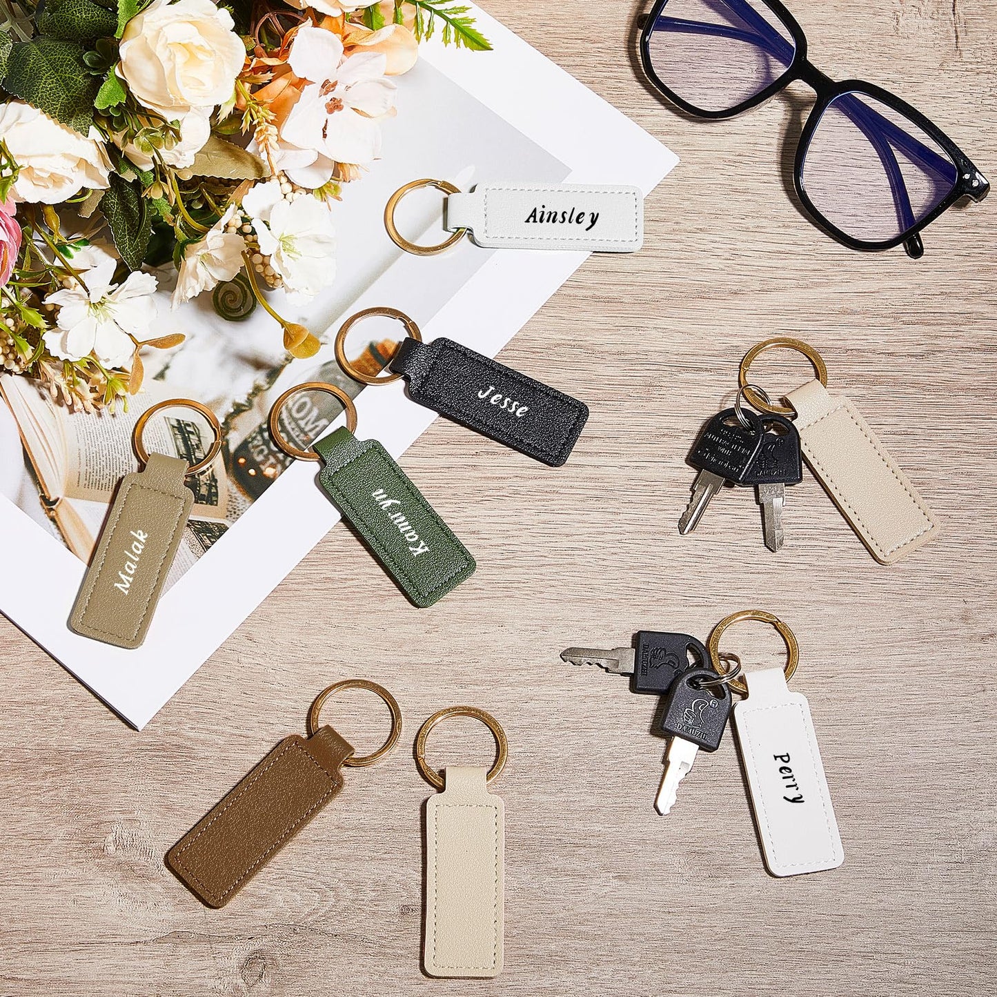 Wavyknot 48 Pcs Leather Keychains Blank Bulk PU Leather Laser Engraving Keychains Gift for Men Women Christmas Birthday (Elegant Color)