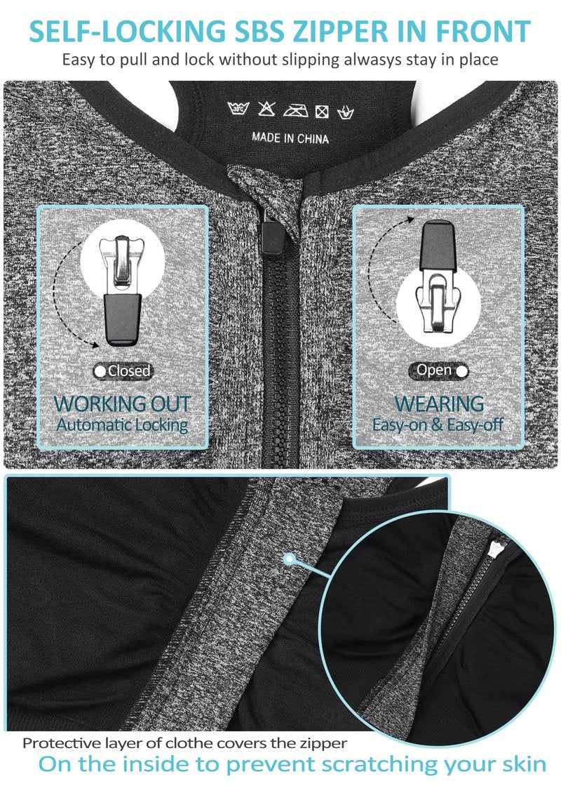 Women's Zip Front Sports Bra Wireless Post-Surgery Bra Zipper Closure Bras Padded Surgical Bra Racerback Workout Bras Active Yoga Sports Bras Plus Size (XX-Large, 3 Pack(Black+Grey+Bean Paste))