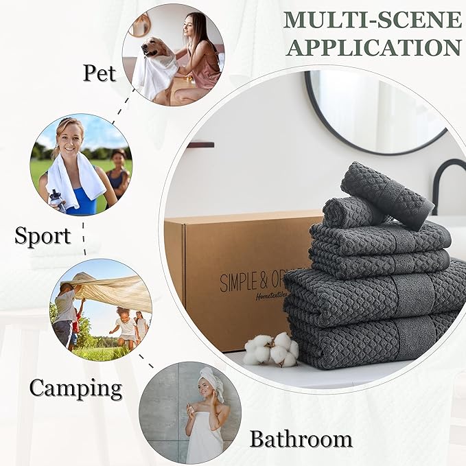Simple&Opulence 6 Piece Luxury Towel Set, 100% Cotton Bathroom Towels