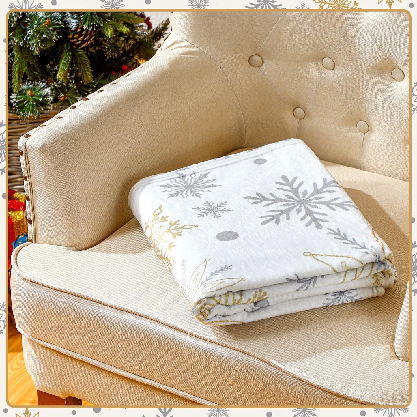 Buryeah 50'' x 60'' Winter Snowflake Throw Blanket White Let It Snow Blanket Plush Warm Gold Silver Christmas Winter Decor for Sofa Couch Bed