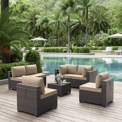 ALAULM 7 Pieces Patio Furniture Set with Coffee Table, Outdoor Sectional with Thick Cushion, All Weather Wicker Rattan Conversation Set for Backyard, Garden, Deck, Sand