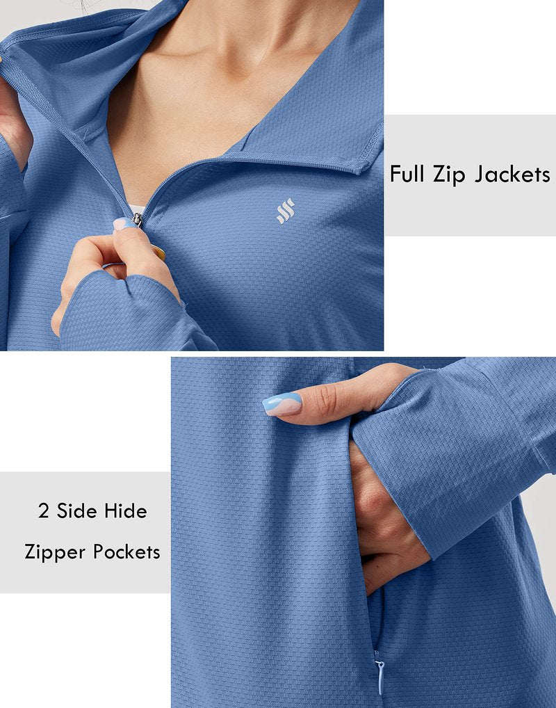 Soothfeel Women's UPF 50+ Sun Protection Hoodie Jacket Lightweight Long Sleeve Sun Shirt for Women with Pocket Hiking Outdoor Dark Blue XL