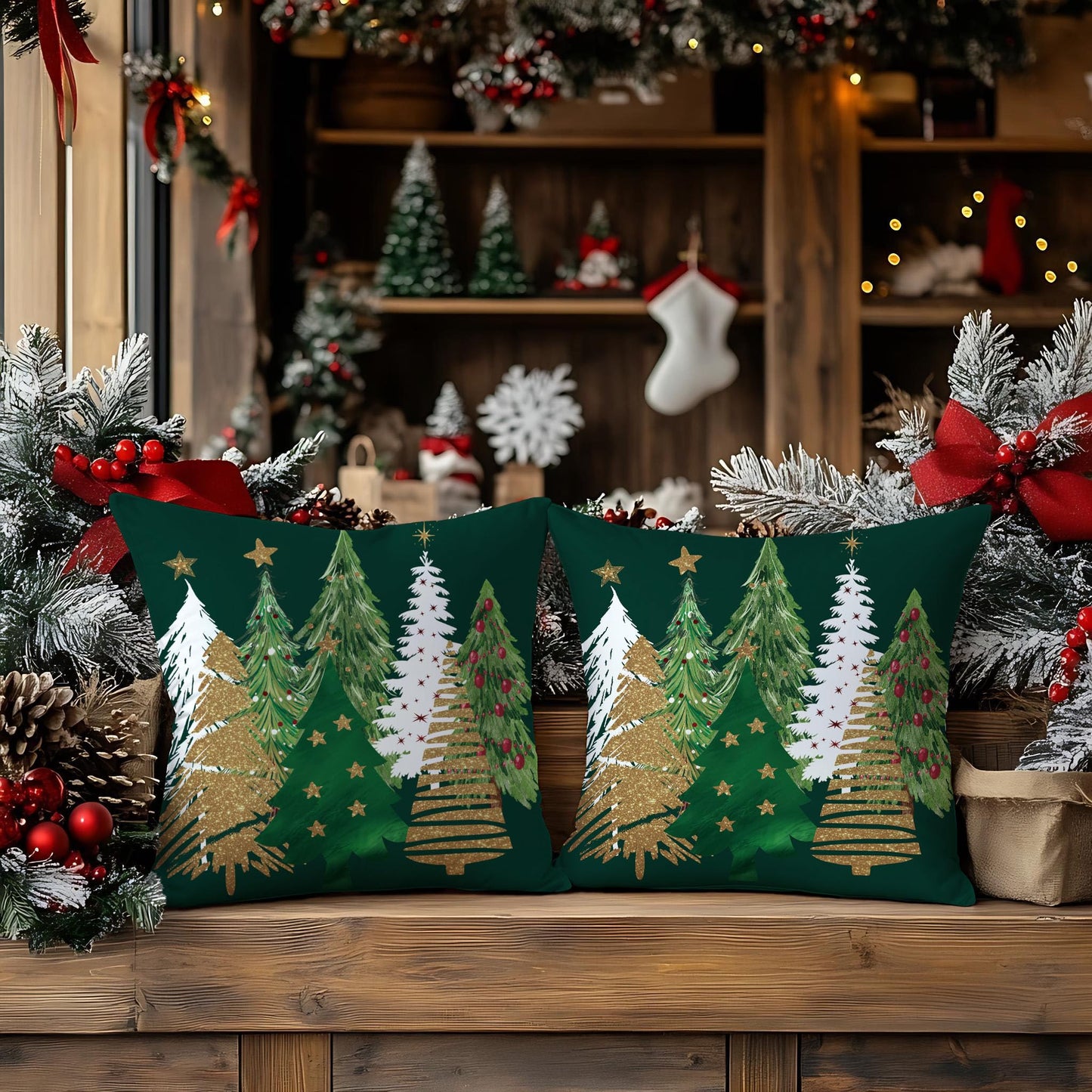 Artmag Christmas Tree Pillow Covers 24x24 Inch Set of 2, Decorative Farmhouse Green Pillow Shams Cases Slipcovers for Home Couch Sofa Decorations