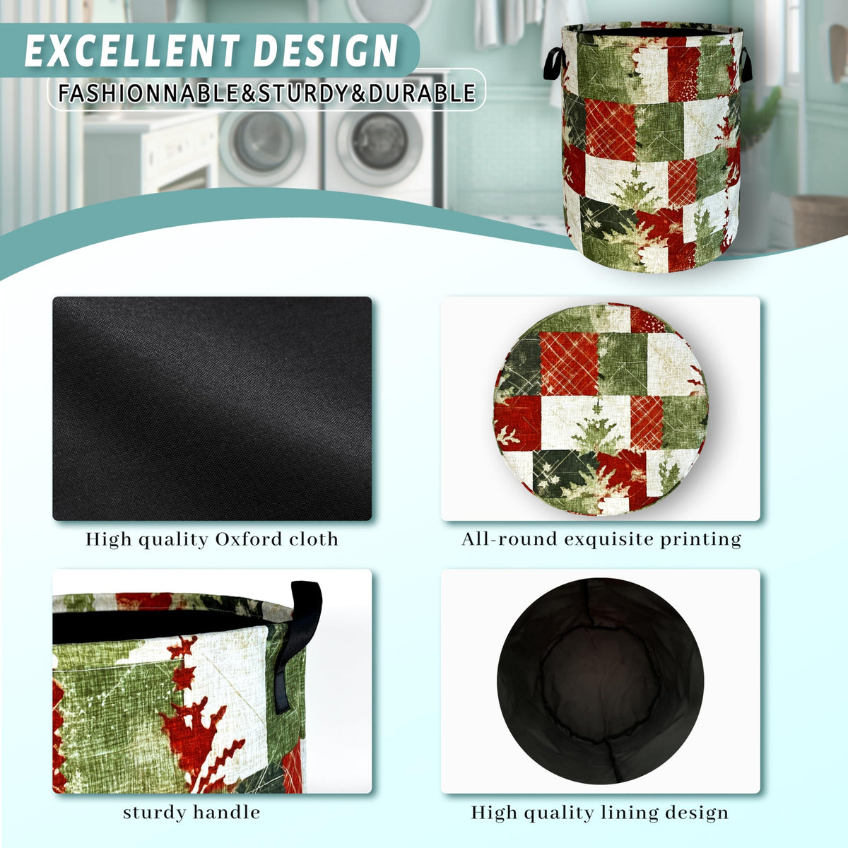 Christmas Laundry Basket Retro Red Green Christmas Tree Print Funny Laundry Hamper Foldable Oxford Cloth Tote Bag Clothe Toy Storage Bucket 18.9"x16.5"For Bathroom/Laundry Storage/Bedroom