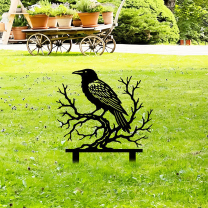 Aucizb Crow Tree Branch Metal Garden Stake Decor-Bird Silhouette Statue Yard Art for Patio,Outside,Lawn,Park,Farmhouse, Halloween Unique Gift (Black)
