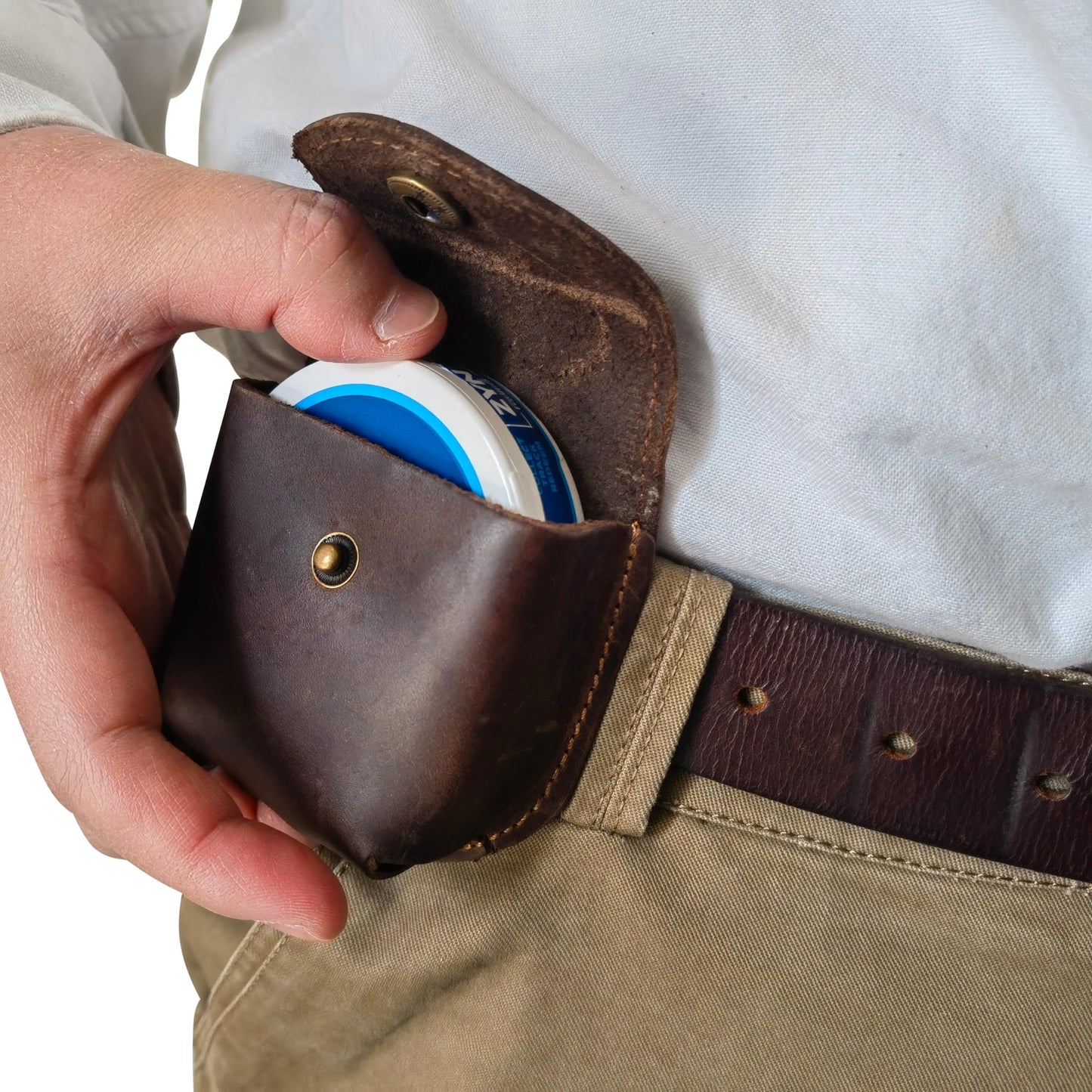Cowhide Leather Zyn Holder- Vintage Handmade Brown Thick Grain Leather Dip Can Holster-Snuff Holder Compatible with ZYN, Copenhagen, Skoal, Kodiak, etc-Belt Accessories for Men