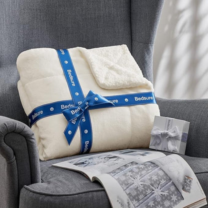 Bedsure GentleSoft Sherpa Fleece Blankets Queen Size for Bed - Thick and Warm, Soft Fuzzy Plush Queen Blanket for Winter, Cream, 90x90 Inches