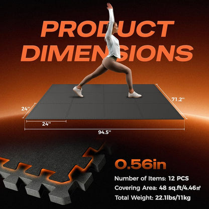 SUPERJARE 0.56'' Thick 12 Pcs 48 Sq Ft Rubber Top Exercise Equipment Mats, High Density EVA Foam Mats with Rubber Top, Interlocking Gym Flooring for Home Gym, Protective Workout Mat, Black