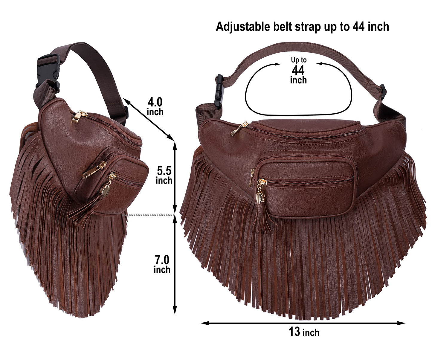 Solene Fringe Waist bag for women with Multi Zipper Pockets - (KL088, Coffee)