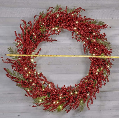 Red Co. 36” Light-Up Christmas Wreath with Red Cranberries, Battery-Operated LED Lights with Timer