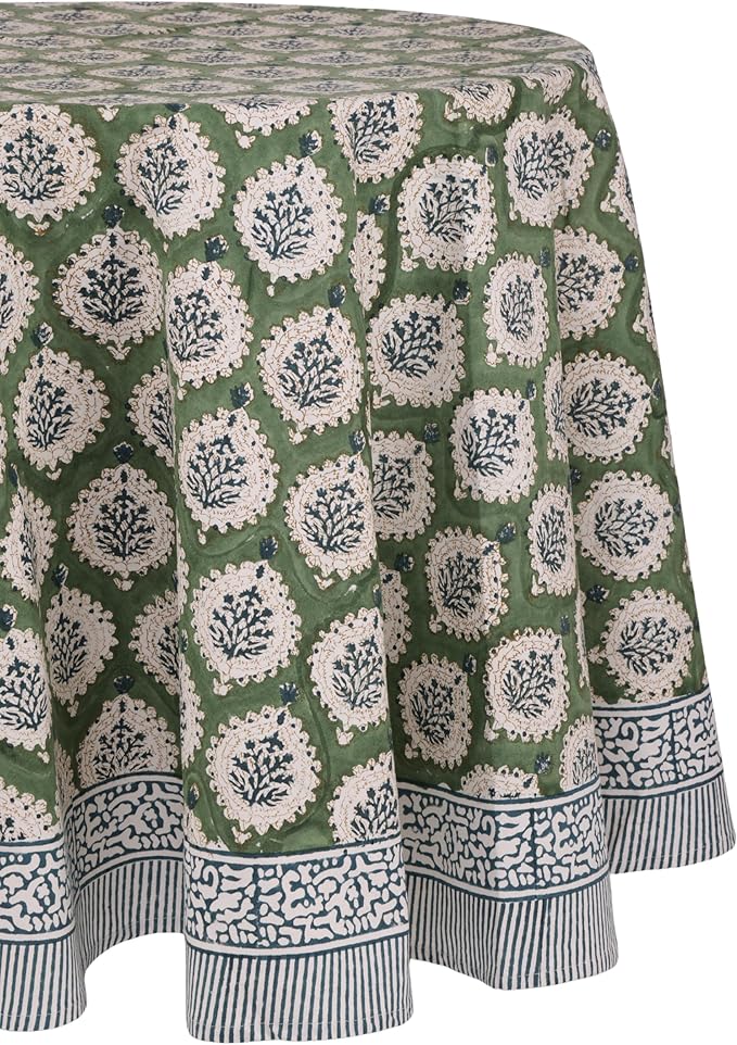 ATOSII Kari Green 100% Cotton Round Boho Spring Summer Tablecloth, Block Print Floral Table Cloth Linen for Dining, Parties, Weddings, OutdoorsI Home Table Decor 72" Inches Round