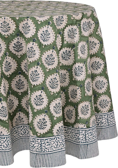 ATOSII Kari Green 100% Cotton Round Boho Spring Summer Tablecloth, Block Print Floral Table Cloth Linen for Dining, Parties, Weddings, OutdoorsI Home Table Decor 90" Inches Round