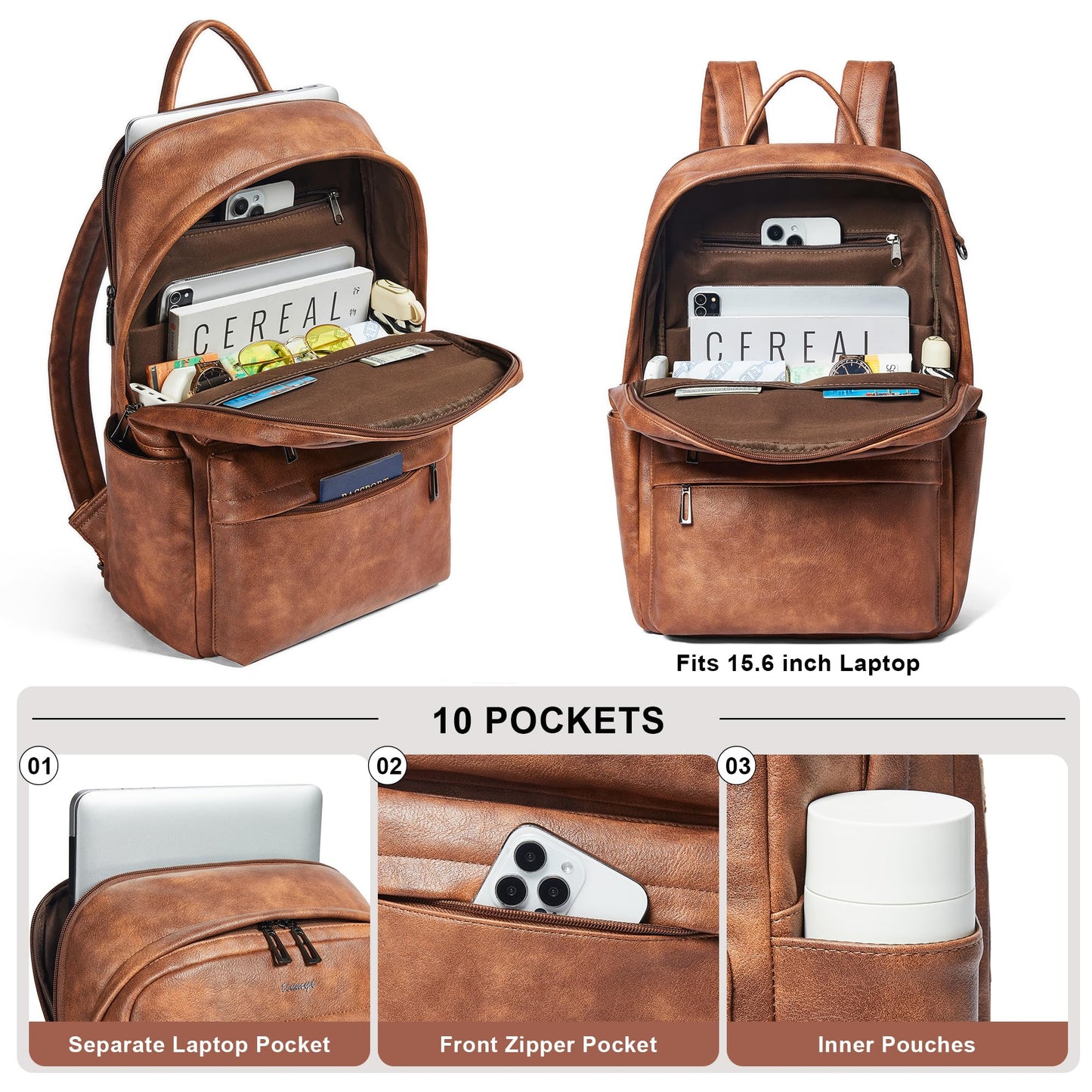 tiamyi Vegan Leather Backpack for Women and Men, Fits 16.0 Inch Laptop, Multi-Pocket Design with Water Bottle and Luggage Strap, Ideal for Work, Travel, and Daily Use, Brown