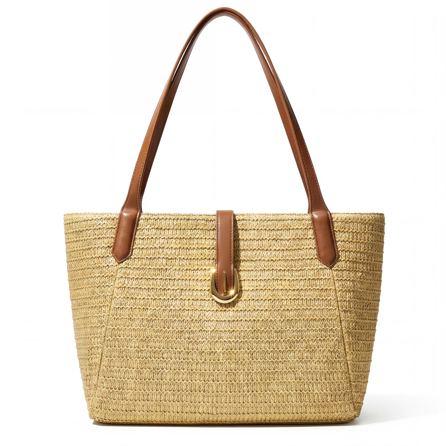 CHUNLI Straw Beach Bag for Women, Woven Raffia Summer Tote with Leather Handles, Boho Vacation Resort Shoulder Tote Bag