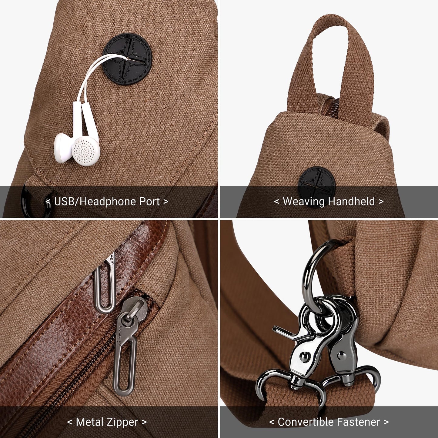 WITZMAN Canvas Sling Bag for Men Women Convertible Sling Backpack Crossbody Vintage Chest Bag Travel Casual Daypack（A8003 Brown）