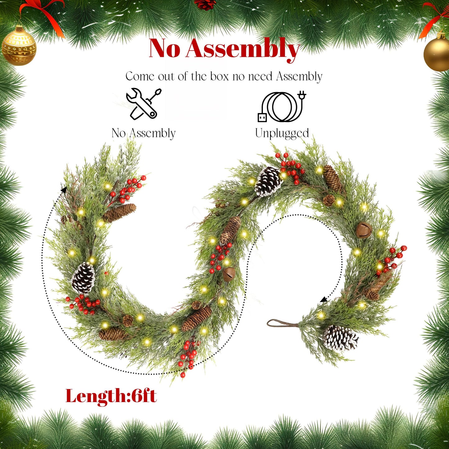 6FT Christmas Cedar Garland with Lights,Artificial Realistic Battery Operated Green Garland Christmas Decorations for Home Mantel Stairs Railing Dining Table Winter Decor