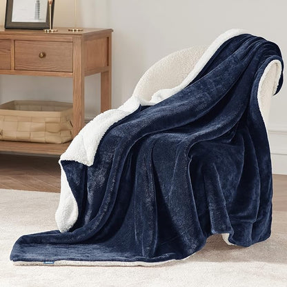 Bedsure GentleSoft Sherpa Fleece Throw Blanket Twin Size for Couch - Thick and Warm Throw for Men, Soft Fuzzy Plush Twin Blanket for Winter, Navy, 60x80 Inches