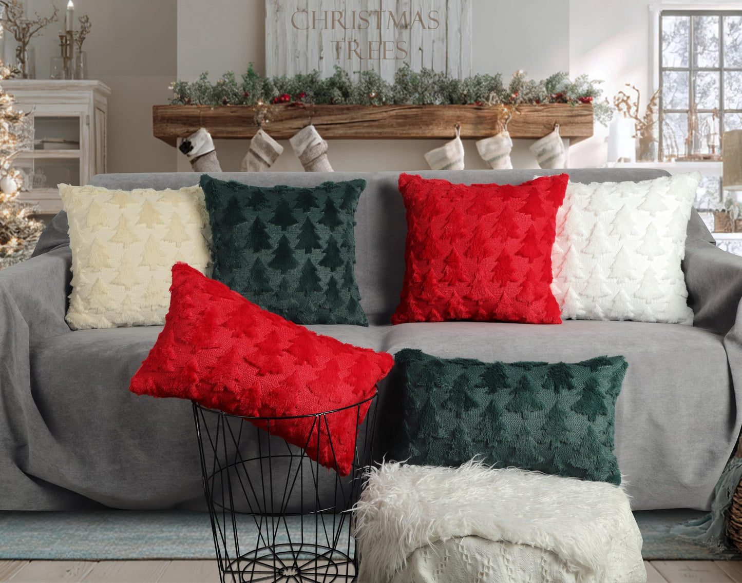4TH Emotion Christmas Tree Decorative Pillow Covers 18x18 Set of 2, Beige Soft Plush Faux Fur Farmhouse Throw Cushion Cases for Xmas Winter Holiday Home Decor